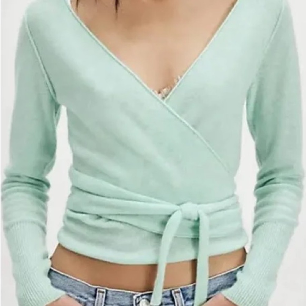 Cashmere Free People Light Green V-Neck Wrap Sweater